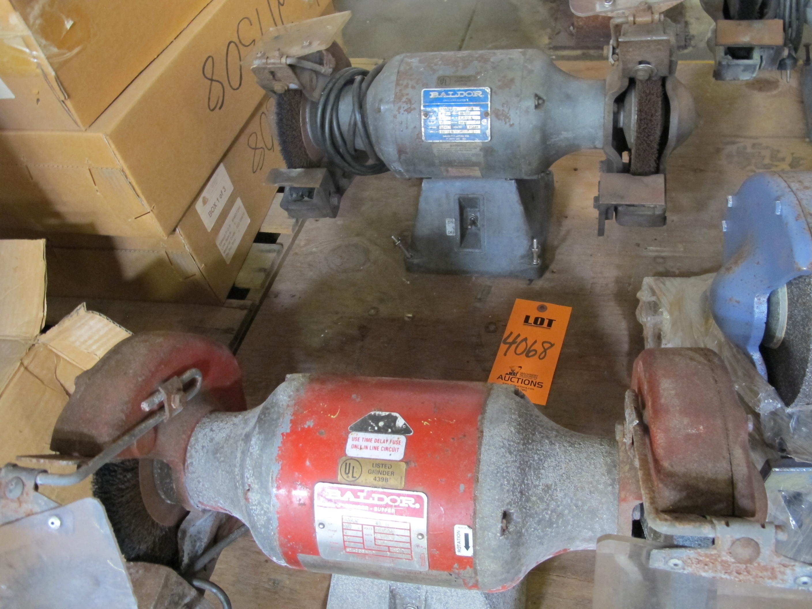 LOT TO INCLUDE: (1) BALDOR GRINDER/BUFFER, CAT# 8107W, 3/4 HP, 1 PHASE, 115/230 V, 4.8/2.4 A, 3600 RPM, (1) BALDOR GRINDER/BUFFER, CAT #862RE, 3/4 HP, 1 PHASE, 115/230 V, 4.8/2.4 A, 3600 RPM. LOADING & HANDLING FEE $15-4068
